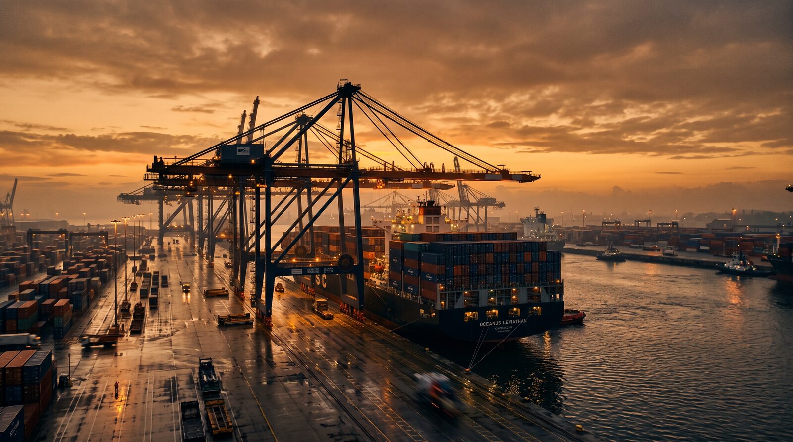 Container port at dusk